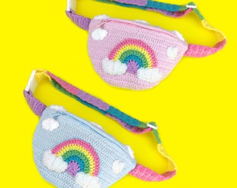 Pastel Rainbow Cloud Bum Bag, Crochet Kawaii Fanny Pack, Baby Pink / Duck Egg Blue Waist Bag, Festival Crossbody, Cute Travel Vacation Purse