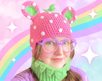 Strawberry Bear Balaclava, Kawaii Pink Ski Mask, Crochet Teddy Bear Hat, Cute Knit Headwear, Cottagecore Animal Ear Beanie, Fairy Kei Gift