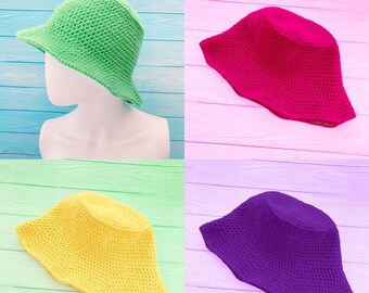 Custom Colour Bucket Hat, Colourful Crochet Sun Hat, Pastel Knit Summer Hat, Neon Womens Wide Brim Hat, Bright Beach Hat, Festival Fashion