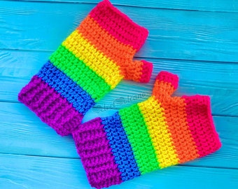 Neon Rainbow Fingerless Gloves, Fluorescent Striped Hand Warmers, Womens Colourful Acrylic Crochet Wrist Warmers, Scene Kidcore Girls Gloves
