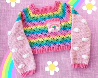 Cropped Rainbow Cloud Sweater, Pastel Striped Jumper, Fairy Kei Sweatshirt,  Girls Womens Cute Knit Sweater, Yume Kawaii Pink Pullover Crop - Main Image