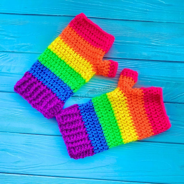 Mitaines néon arc-en-ciel, Chauffe-mains à rayures fluorescentes, Chauffe-poignets en acrylique coloré au crochet pour femmes, Gants Scene Kidcore pour fille