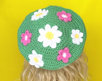Flower Power Beret, Pastel or Grass Green Crochet Daisy Hat, Colourful Cottagecore Floral Pattern Girls Womens Kawaii Fairycore Knit Hat