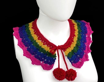 Dark Rainbow Crocheted Collar with Pom Pom Ties, Autumn Winter Festive Colour Scheme, Jewel Tone Oversized Collar, Detachable Striped Collar