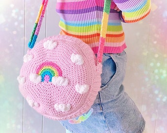 Pastel Rainbow Cloud Bag, Kawaii Shoulder Bag, Cute Crochet Crossbody Purse, Circular Shoulder Bag, Fairy Kei Round Pink or Blue Handbag