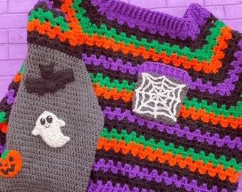 Cropped Spooky Season Sweater, Halloween Themed Crochet Jumper, Creepy Cute Sweatshirt, Gothic Knit Crop Top, Psychobilly Striped Sweater