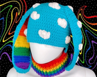 Rainbow Cloud Bunny Balaclava, Kawaii Turquoise Ski Mask, Crochet Rabbit Hat, Rainbowcore Cute Knit Headwear, Colourful Animal Ear Beanie