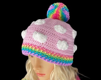 Pastel Rainbow Cloud Pom Pom Beanie, Cloudy Sky Beanie, Baby Pink or Light Blue Bobble Hat, Yume Kawaii Fairy Kei Crochet Hat, Cottagecore