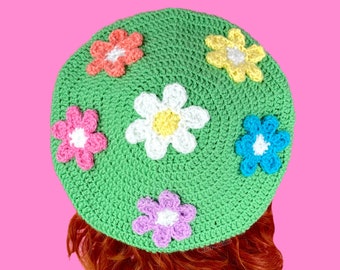 Pastel Rainbow Daisy Daze Beret, Cute Floral Crochet Hat, Cottagecore Aesthetic, Colourful Kawaii Flower Beret, Unique Womens Knit Headwear