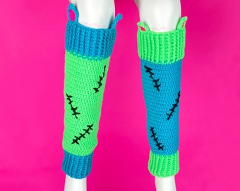 FrankenKitty Leg Warmers, Custom Colour Zombie Cat Knee-High Leg Warmers, Creepy Cute Crochet Socks, Neon or Pastel Goth Frankenstein Kitty