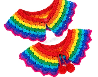 Bright Rainbow Crochet Collar, Kawaii Decora Detachable Collar, Rainbow Stripe Chevron Neckpiece with Pom Poms, Colorful Cottagecore Capelet