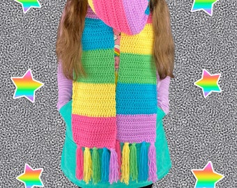 Chunky Pastel Rainbow Stripe Scarf, Colourful Crochet Scarf, Long Cosy Wrap Around Scarf, Fairy Kei Kawaii Scarf, Pastel Knit Tasseled Scarf