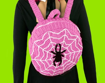 Spider Web Backpack, Custom Colour Crochet Backpack, Round Cobweb Bag, Spooky Cute Rucksack, Creepy Halloween Book Bag, Pastel Goth Purse