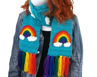 Bright Rainbow Cloud Scarf, Turquoise or Blue Crochet Scarf with Rainbow Tassels, Kawaii Decora Colorful Winter Scarf, XL Chunky Womens Knit