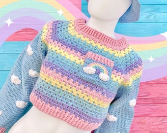 Ultra Pastel Cropped Rainbow Cloud Sweater, Colourful Striped Jumper, Fairy Kei Sweatshirt, Girls Womens Cute Knit Pullover, Yume Kawaii