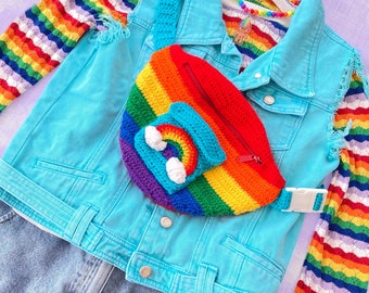Rainbow Striped Fanny Pack with Rainbow Cloud Pocket, Colourful Crochet Bum Bag, Rainbow Festival Bag, Festival Travel Turquoise Waist Bag
