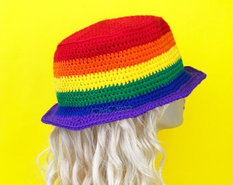 Rainbow Striped Bucket Hat, Crochet Sun Hat, LGBTQIA Summer Hat, Gay PRIDE Rainbow Hat, Womens Festival Hat, Colourful Unisex Fishermans Hat