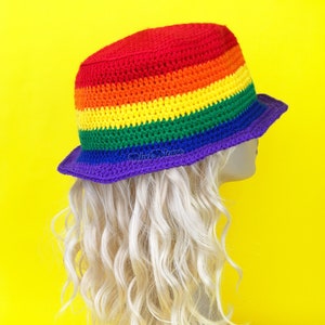 Rainbow Striped Bucket Hat, Crochet Sun Hat, LGBTQIA Summer Hat, Gay PRIDE Rainbow Hat, Womens Festival Hat, Colourful Unisex Fishermans Hat