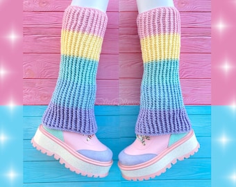 Ultra Pastel Rainbow Leg Warmers, Fairy Kei Striped Flared Legwarmers, Yume Kawaii Flare Ankle Warmers, Cute Chunky Fluted Ribbed Boot Cuffs