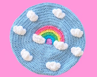 Pastel Rainbow Cloud Beret, Cloudy Light Blue Sky Hat, Yume Kawaii Crochet Beanie, Fairy Kei Aesthetic Girls Gift, Womens Sweet Lolita Beret