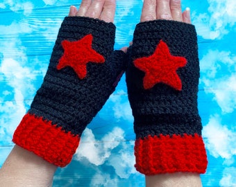 Star Gloves, Custom Colour Crochet Fingerless Gloves, Black & Red Superhero Hand Warmers, Geeky Nerdy Cosplay Wrist Cuffs, Texting Gloves