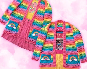 Pastel Rainbow Cardigan, Unisex Colorful Striped Crochet Cardi, Snuggly Fairy Kei Sweater, UK Ladies Size 4-30, Yume Kawaii Top, Cute Jumper