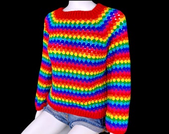 Bright Rainbow Sweater, Rainbow Striped Crochet Jumper, Kids Teen & Adult Sizes, Matching Family Colourful Sweaters, LGBTQ+ Pride Knit Top