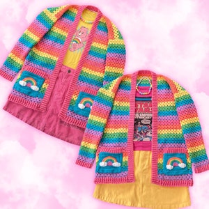 Pastel Rainbow Cardigan, Unisex Colorful Striped Crochet Cardi, Snuggly Fairy Kei Sweater, UK Ladies Size 4-30, Yume Kawaii Top, Cute Jumper