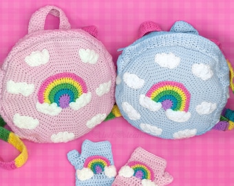 Pastel Rainbow Backpack, Crochet Cloud Print Rucksack, Kawaii Baby Pink or Duck Egg Blue Rainbow Cloud Knapsack, Fairy Kei Cute Round Bag