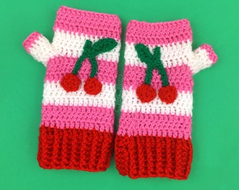 Cherry Fingerless Gloves, Pink White & Red Stripe Gloves with Cherry Design, Retro Vintage Style Hand Warmers, Kawaii Girls Texting Gloves