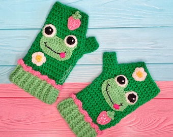 Frog Fingerless Gloves, Kawaii Froggo Gloves, Green & Pink Toad Hand Warmers, Cottagecore Wrist Warmers, Cute Daisy Strawberry Gloves