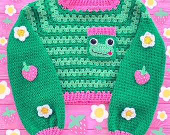 Frog Cropped Sweater, Kawaii Froggy Jumper, Cottagecore Strawberry Top, Crochet Striped Pullover, Cute Green Toad Sweatshirt, Flower Raglan