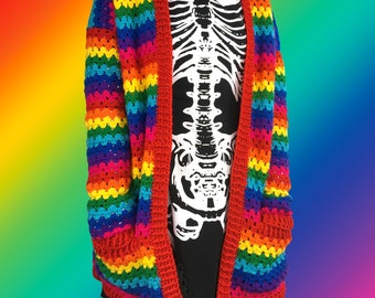 Rainbow Striped Cardigan, Womens Crochet Cardi, Girls Cosy Knitwear, Custom Colour Sweater, XXXS-XXXL, Colorful Clothing, LGBTQ Pride Jacket