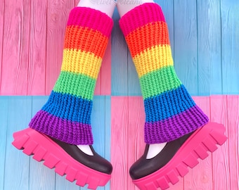 Neon Rainbow Leg Warmers, Cyber Goth Striped Flared Boot Covers, Colourful Flare Ankle Warmers, Womens Rave Chunky Fluted Ribbed Boot Cuffs