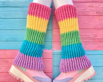 Pastel Rainbow Leg Warmers, Striped Flared Boot Covers, Kawaii Crochet Ankle Warmers, Womens or Girls Fairy Kei Chunky Knit Leg Warmers,