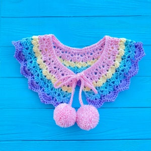 Ultra Pastel Rainbow Collar with Pom Pom Ties, Frilly Chevron Stripe Detachable Collar, Fairy Kei Statement Accessory, Yume Kawaii Layering