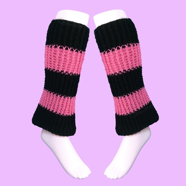 Custom Colour Leg Warmers, Pink Black Striped Flared Leg Warmers, Pastel Goth Ankle Warmers, Y2K Leg Warmers, Chunky Cyber Rave Boot Covers