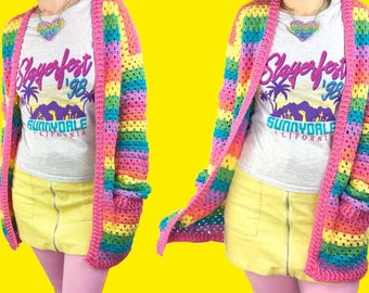 Pastel Rainbow Cardigan, Womens Crochet Cardi, Girls Cosy Knit Sweater, Fairy Kei Clothing, XXXS-XXXL, Yume Kawaii Colorful Top, Cute Jumper