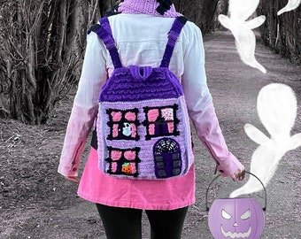 Haunted House Backpack, Spooky Crochet Bag, Pastel Goth Rucksack, Ghost House Book Bag, Creepy Cute Haunted Mansion, Purple Gothic Home
