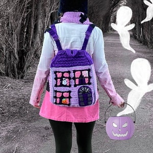 Haunted House Backpack, Spooky Crochet Bag, Pastel Goth Rucksack, Ghost House Book Bag, Creepy Cute Haunted Mansion, Purple Gothic Home