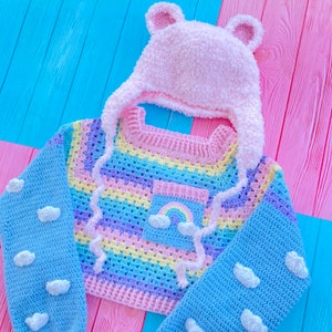 Pastel Fuzzy Teddy Bear Earflap Hat, Fluffy Bear Beanie, Kawaii Lilac or Baby Pink Faux Fur Crochet Hat, Cute Plush Animal Ear Winter Hat image 5