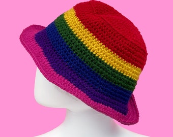 Dark Rainbow Striped Bucket Hat, Crochet Sun Hat, Cottagecore Summer Hat, Muted Rainbow Hat, Womens Festival Hat, Jewel Tone Fishermans Hat