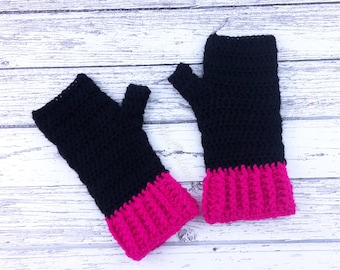 Duotone Fingerless Gloves, Custom Colour Crochet Wrist Warmers, Black Pink or your Colour Choice Womens Texting Gloves, Girls Hand Warmers