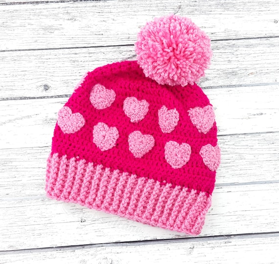 Heart Beanie with Pom Pom, Crochet Bobble Hat with Love-Heart Print, Custom Colour Knit Winter Hat, Kawaii Lovecore Cute Pink Acrylic Beanie