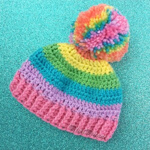 Pastel Rainbow Bobble Hat, Colourful Crochet Pom Pom Beanie, Fairy Kei Yume Kawaii, Womens Candy Colour Hat, Girls Cute Pastel Knit Beanie image 6
