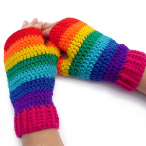Rainbow Striped Fingerless Gloves, Bright Colourful Crochet Gloves, Rainbowcore Wrist Warmers, LGBTQ Pride, Cosy Kawaii Winter Hand Warmers