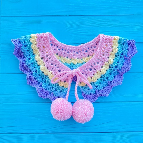 Ultra Pastel Rainbow Collar with Pom Pom Ties, Frilly Chevron Stripe Detachable Collar, Fairy Kei Statement Accessory, Yume Kawaii Layering