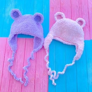 Pastel Fuzzy Teddy Bear Earflap Hat, Fluffy Bear Beanie, Kawaii Lilac or Baby Pink Faux Fur Crochet Hat, Cute Plush Animal Ear Winter Hat image 1