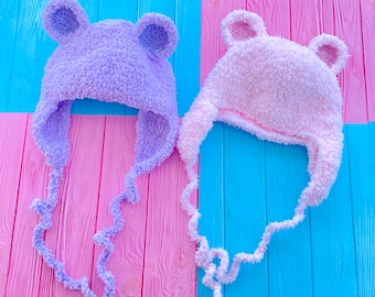 Pastel Fuzzy Teddy Bear Earflap Hat, Fluffy Bear Beanie, Kawaii Lilac or Baby Pink Faux Fur Crochet Hat, Cute Plush Animal Ear Winter Hat