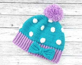 Polka Dot Bow Pom Pom Beanie, Lilac Turquoise Custom Colour Crochet Bobble Hat, Sweet Lolita Kawaii Winter Hat, Womens Cute Colourful Beanie